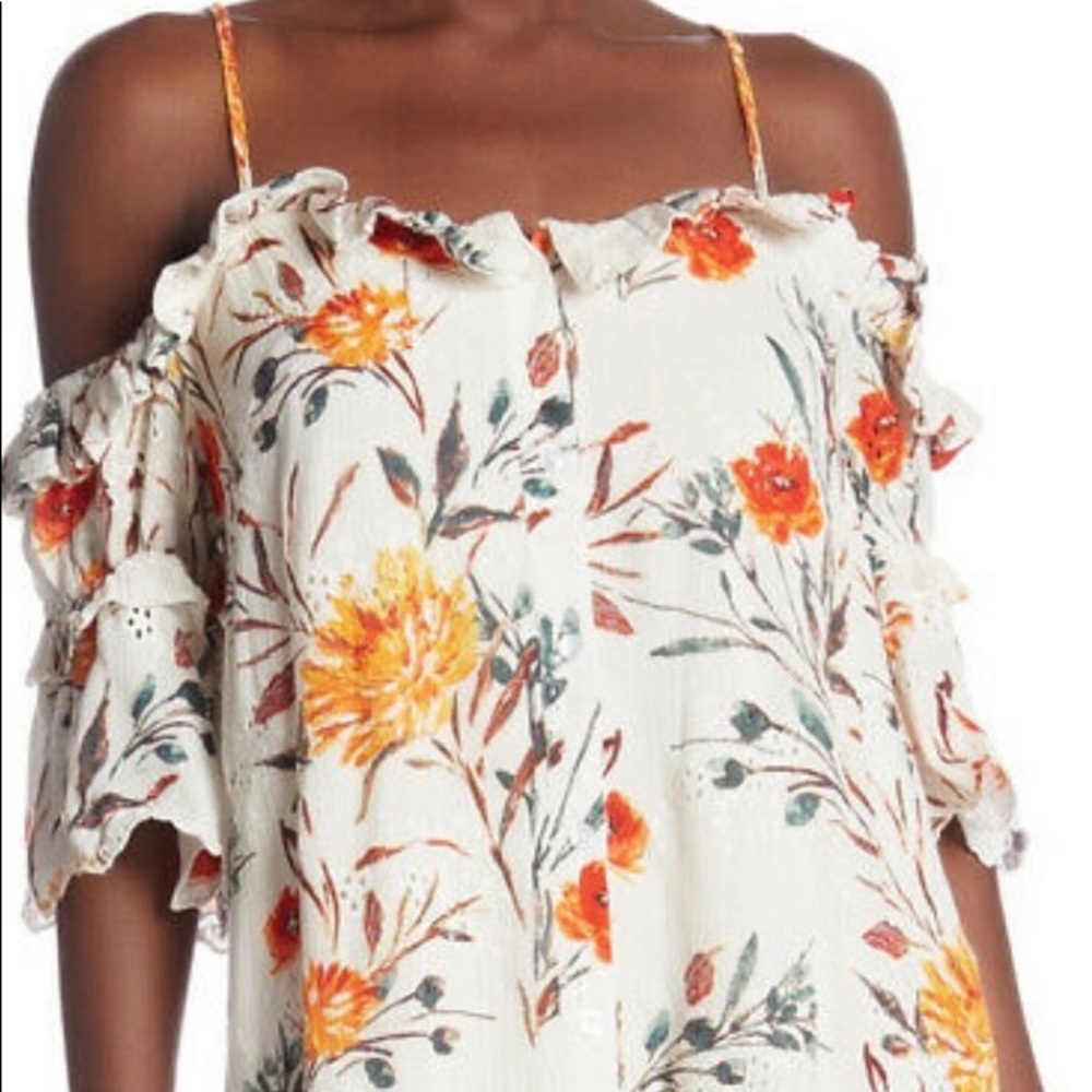 Floral Ruffle Button Up Cold Shoulder Shift Dress - Picture 2 of 11